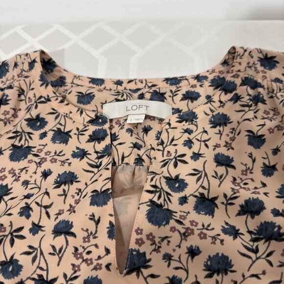 LOFT Maxi Women's Size LG Tan Blue Floral V Neck Spring With tie Belt & pockets - Picture 14 of 16